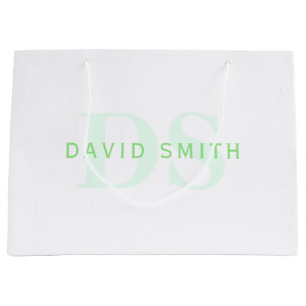 Grand Sac Cadeau Nom et monogramme modernes Vert et blanc