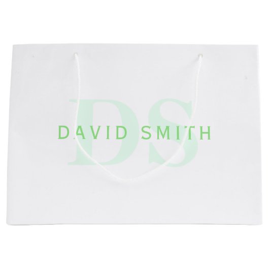 Grand Sac Cadeau Nom et monogramme modernes | Vert et blanc (Devant)