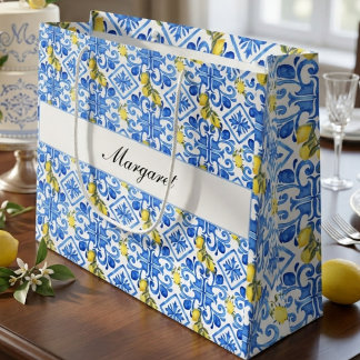 Grand Sac Cadeau Nom Monogramme Aquarelle Carrelage Bleu Citron Jau
