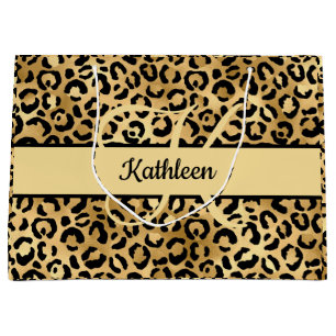 Grand Sac Cadeau Nom Monogramme Imprimé Léopard Noir Or Guépard 
