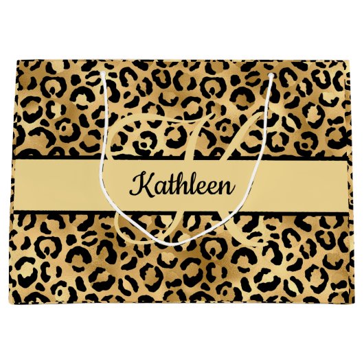 Grand Sac Cadeau Nom Monogramme Imprimé Léopard Noir Or Guépard  (Devant)