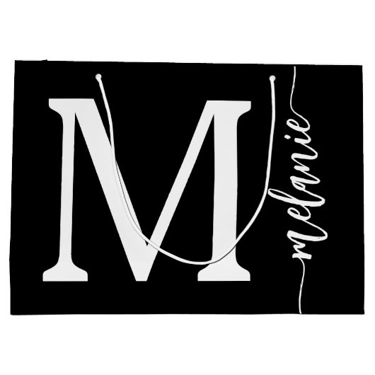 Grand Sac Cadeau Nom Monogramme moderne Noir Blanc Script (Dos)