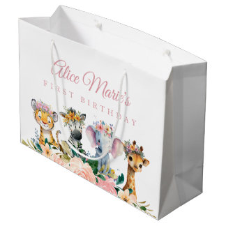 Grand Sac Cadeau Nom personnalisé Animaux de safari aquarelle Anniv