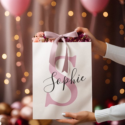 Grand Sac Cadeau Nom personnalisé moderne Monogramme rose