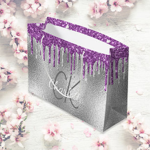 Grand Sac Cadeau Noms en monogramme argenté moderne élégant violet