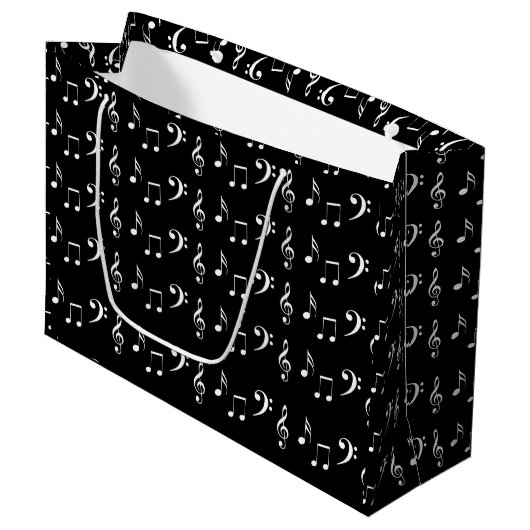 Grand Sac Cadeau Notes musicales en noir et blanc Musicien (Devant Angle)