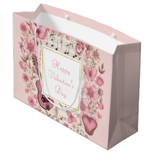 Grand Sac Cadeau Notes musicales et fleurs Élégante Saint-Valentin