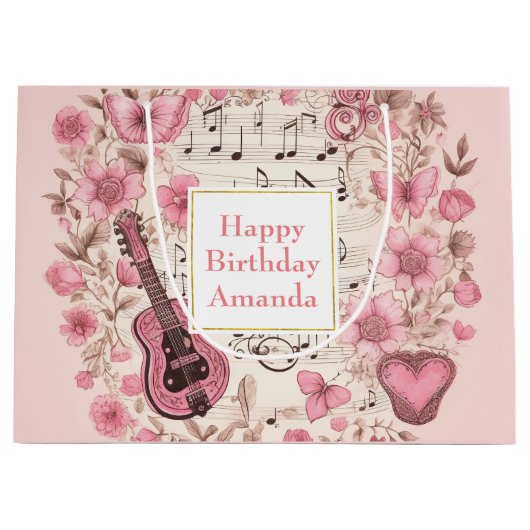 Grand Sac Cadeau Notes musicales et fleurs Style rétro Anniversaire (Devant)