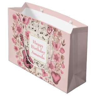 Grand Sac Cadeau Notes musicales et fleurs Style rétro Anniversaire