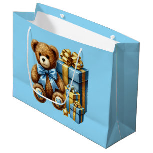 Grand Sac Cadeau Nounours en peluche bleu bébé