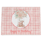 Grand Sac Cadeau Nouvel anniversaire mignon Teddy Bear rose Plaid (Devant)