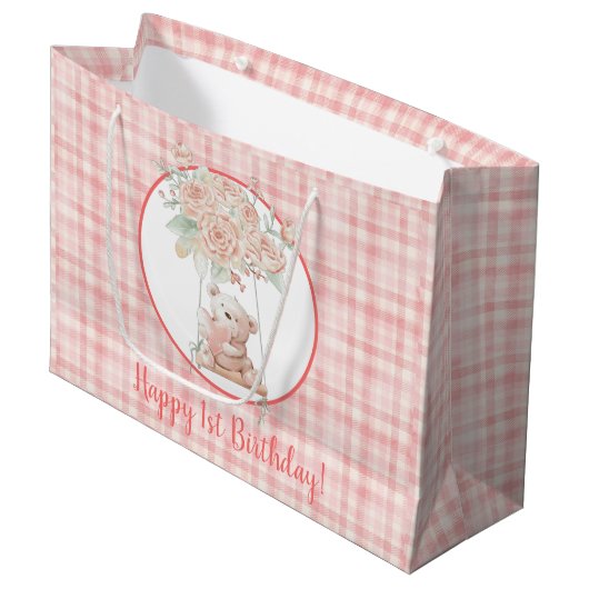 Grand Sac Cadeau Nouvel anniversaire mignon Teddy Bear rose Plaid (Devant Angle)