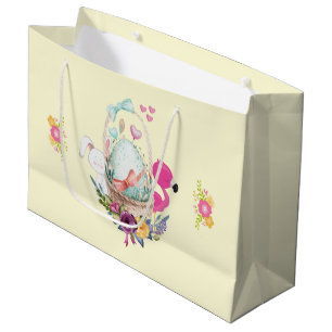 Grand Sac Cadeau Oeuf mignon, Flamant rose rose et lapin, Aquarelle