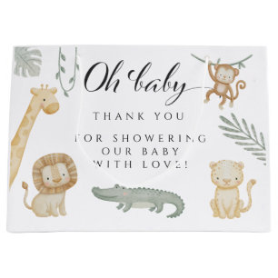Grand Sac Cadeau Oh Bébé Animaux de Safari Baby Shower Jungle Verdu