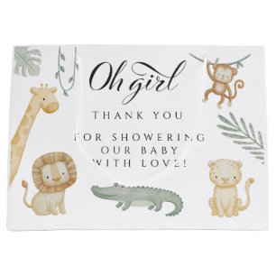Grand Sac Cadeau Oh Girl Safari Animaux Baby Shower Jungle Verdure
