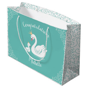 Grand Sac Cadeau Oiseau Baby shower cygne avec thème Couronne Turqu