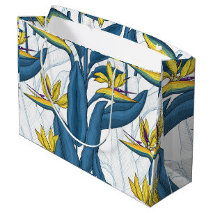 Grand Sac Cadeau Oiseau de fleurs de paradis sur blanc