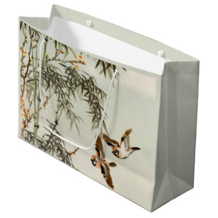 Grand Sac Cadeau Oiseaux Bambou Asiatique Japonais Vintage