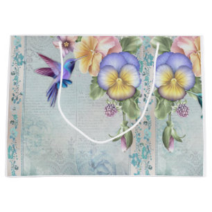 Grand Sac Cadeau Oiseaux de brousse et fleurs violettes