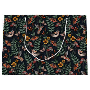 Grand Sac Cadeau Oiseaux du jardin foncé et papillons