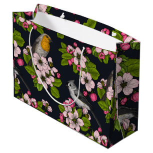 Grand Sac Cadeau Oiseaux et fleurs en noir