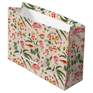 Grand Sac Cadeau Oiseaux floraux dessinés à la main Abeilles Motif
