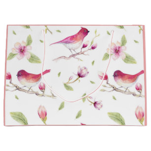 Grand Sac Cadeau Oiseaux Motif rose Élégant Fleurs Florales