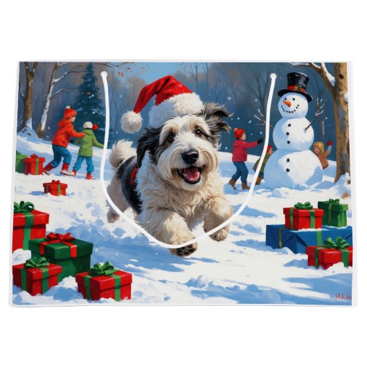 Grand Sac Cadeau Old English Sheepdog Running in Snow Christmas Cas (Devant)