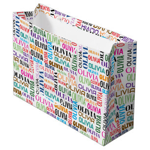 Grand Sac Cadeau OLIVIA Nom en Couleurs de l'Arc-en-Ciel sur Fond B