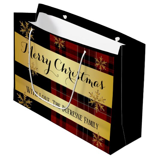 Grand Sac Cadeau Or Personnalisé Avec Noël Plaid (Devant Angle)