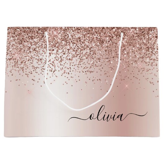 Grand Sac Cadeau Or Rose Gold - Blush Pink Paillettes Métal Monogra (Devant)