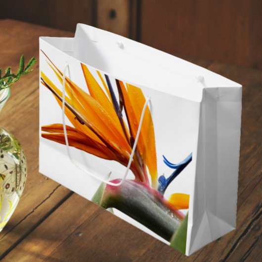 Grand Sac Cadeau Orange Bird of Paradise Plante Motif en blanc