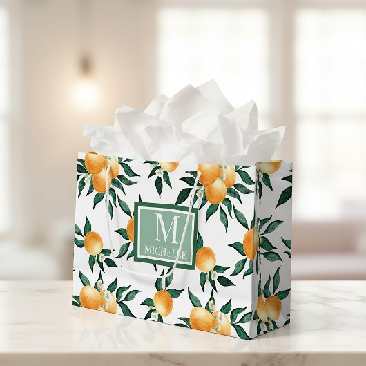 Grand Sac Cadeau Orange Citrus Watercolor Monogram Name