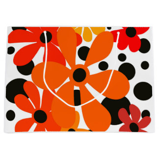 Grand Sac Cadeau Orange fleur funky & pois noirs