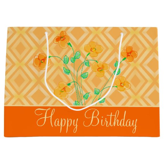 Grand Sac Cadeau Orange Fleurs Joyeux Anniversaire (Devant)