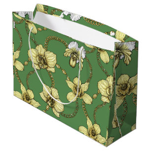 Grand Sac Cadeau Orchidées et chaînes, jaune et vert kelly