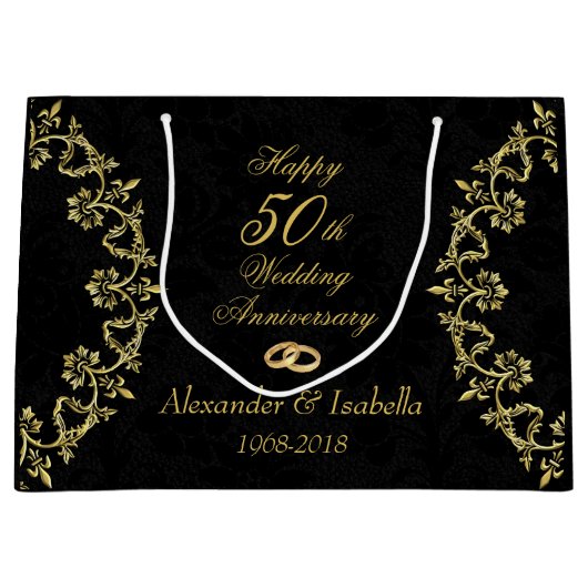 Grand Sac Cadeau Ornate Gold sur Black 50e anniversaire Mariage (Devant)