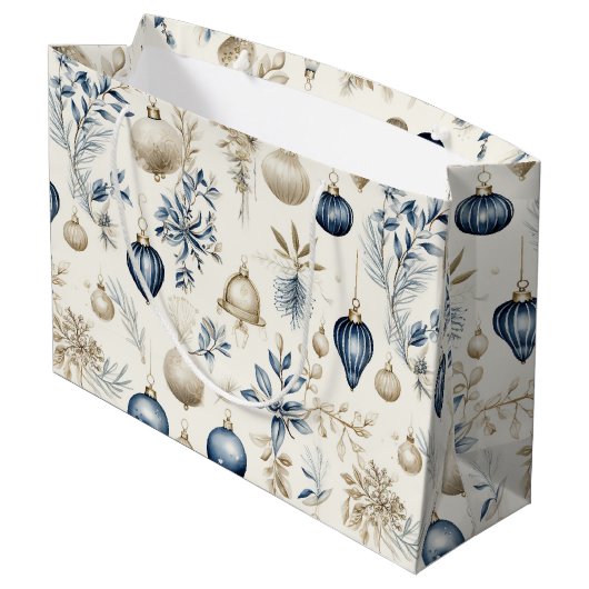 Grand Sac Cadeau Ornements de Noël bleu et beige (Dos Angle)
