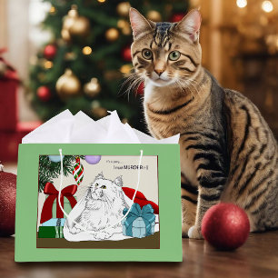 Grand Sac Cadeau Ornements de sapin de Noël en forme de chat blanc