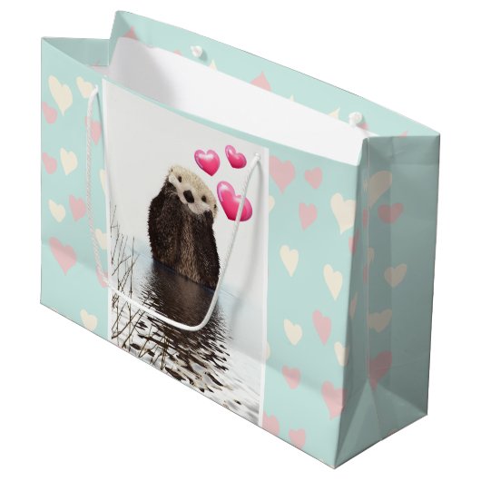Grand Sac Cadeau Otter mignonne avec Coeurs d'Amour Rose (Devant Angle)