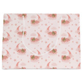 Grand Sac Cadeau Ours Bébé Couché Rose Sur Lune Nuages & Étoiles (Devant)