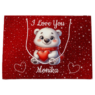 Grand Sac Cadeau Ours blanc et rouge Je t'aime Nom personnalisé