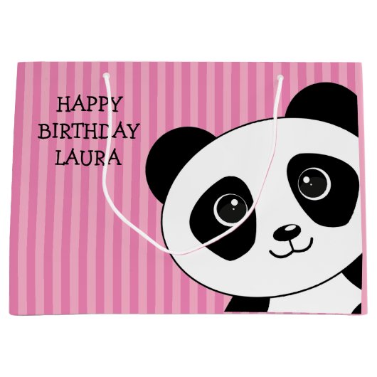 Grand Sac Cadeau Ours de panda aux rayures roses Anniversaire (Devant)