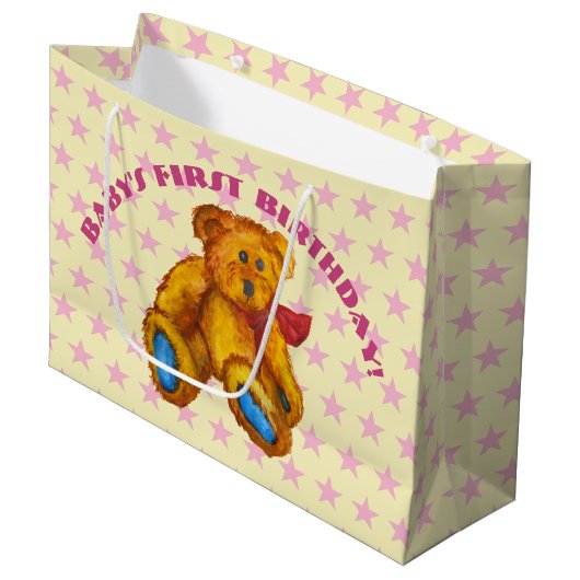 Grand Sac Cadeau Ours En Teddy Aux Étoiles Roses (Devant Angle)