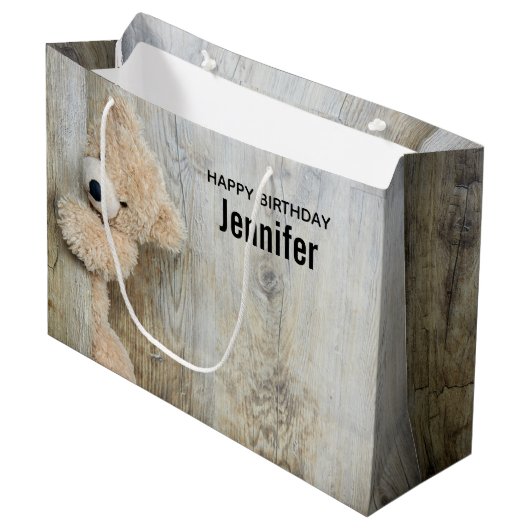 Grand Sac Cadeau Ours farci mignon Mur en bois rustique Anniversair (Devant Angle)