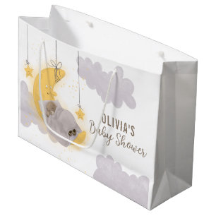 Grand Sac Cadeau Ours Lune Étoiles Nuages gris Baby shower neutre