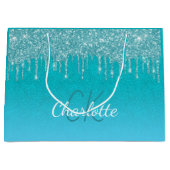 Grand Sac Cadeau Paillettes bleu sarcelle en gouttes de monogramme  (Devant)