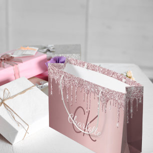 Grand Sac Cadeau Paillettes roses pâles coulantes monogramme élégan