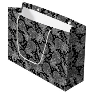 Grand Sac Cadeau Paisley noir damassé à orientation florale ethniqu