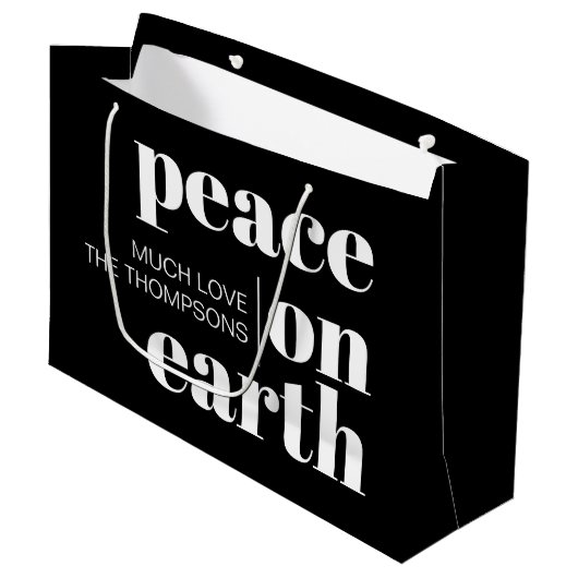 Grand Sac Cadeau Paix sur Terre Noir Noël Moderne (Devant Angle)